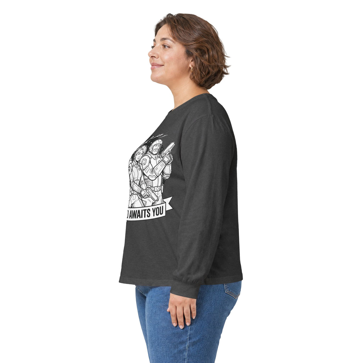 Long Sleeve Tee — "The World Awaits You" Retro Space Explorer Graphic