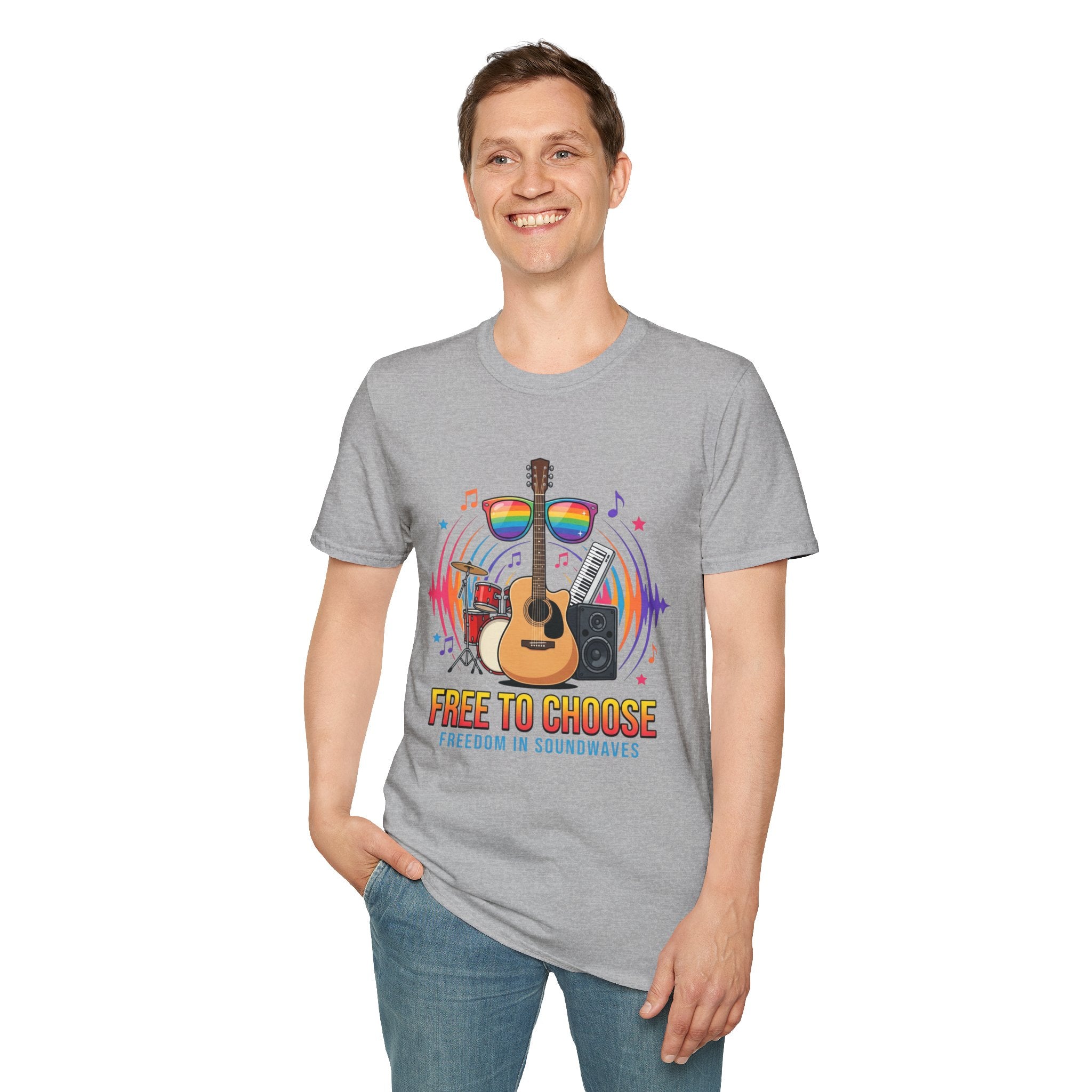 Music Pride T-Shirt — "Free to Choose" Rainbow Guitar Tee