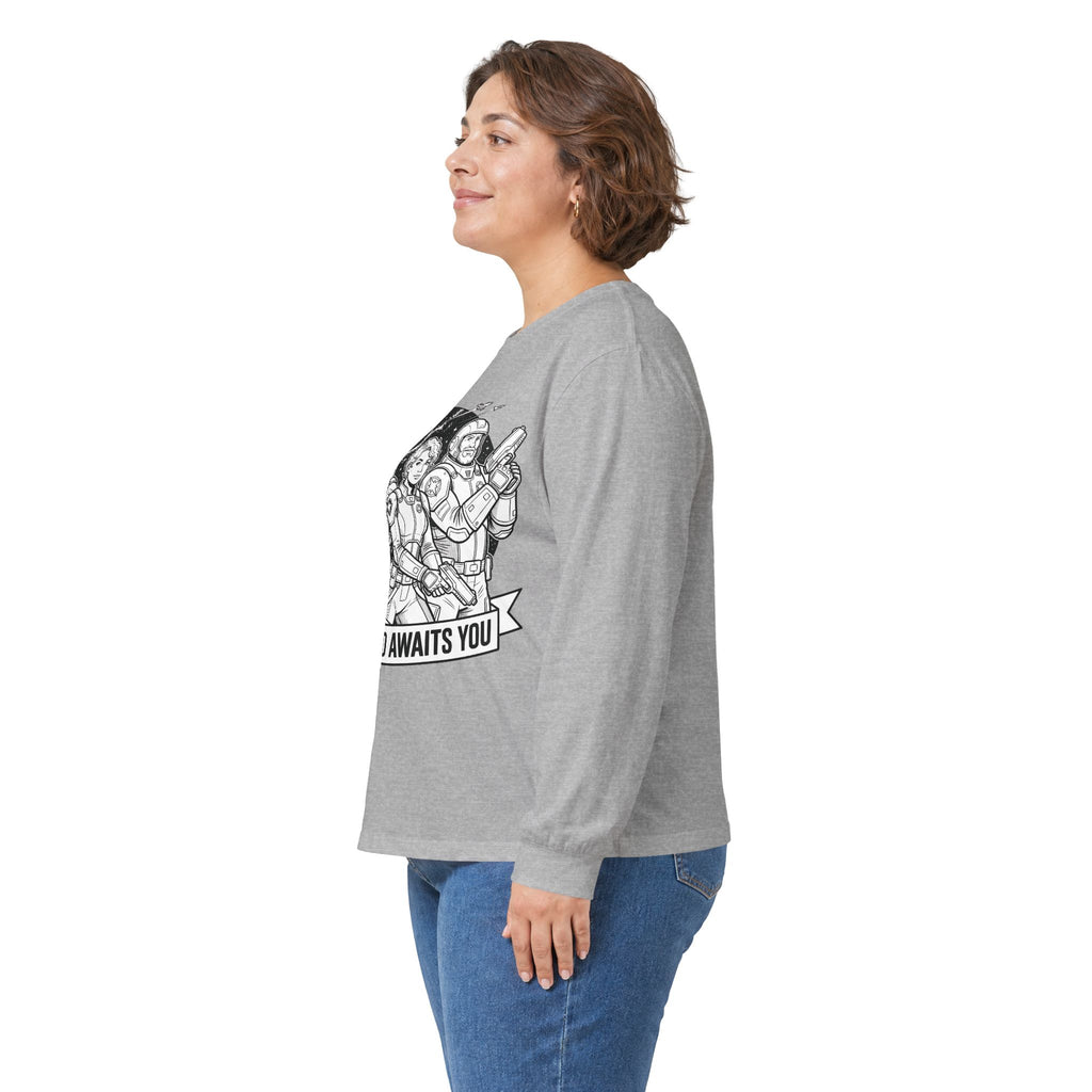 Long Sleeve Tee — "The World Awaits You" Retro Space Explorer Graphic