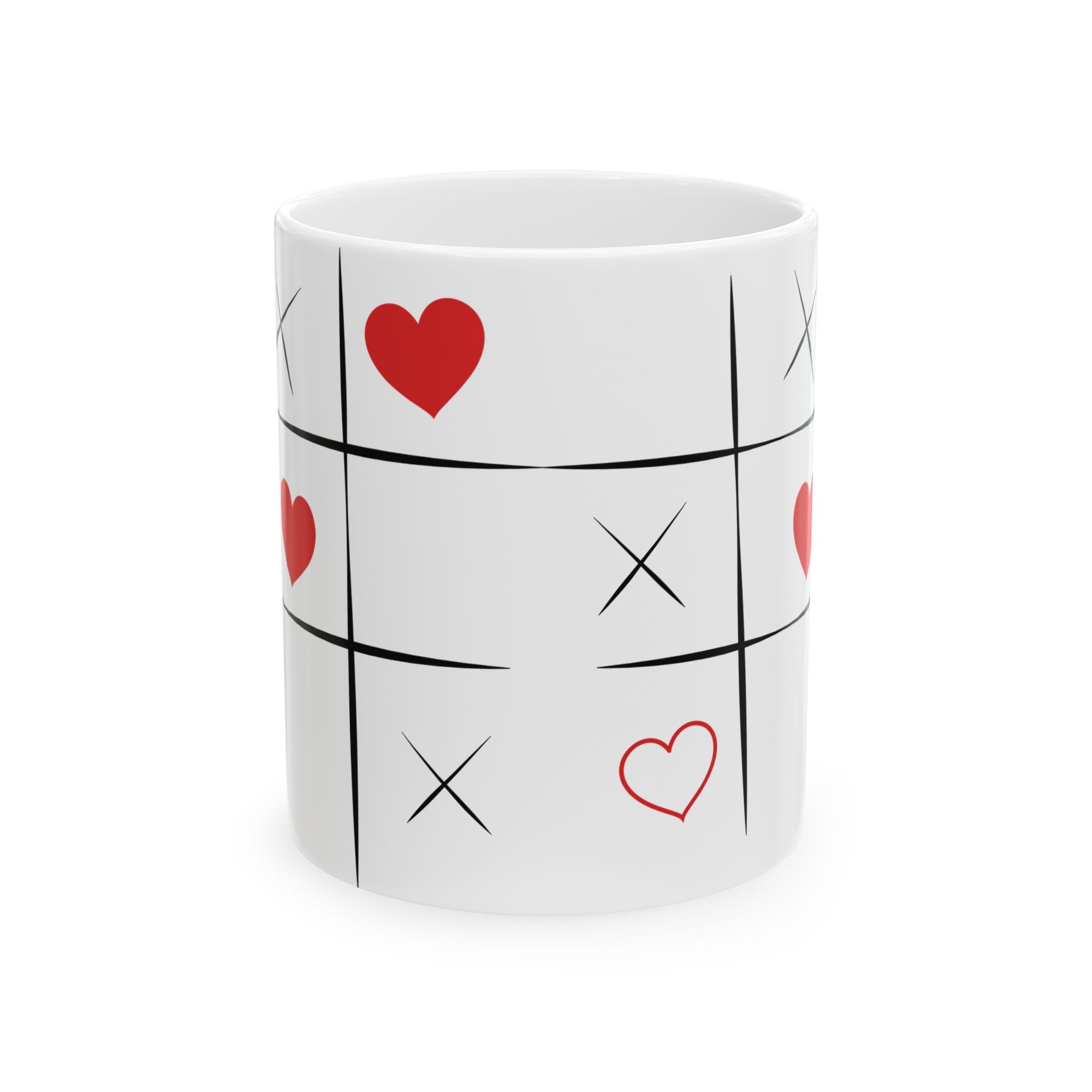 Heart Tic-Tac-Toe Ceramic Mug – Romantic XOXO Coffee Cup (11oz & 15oz)