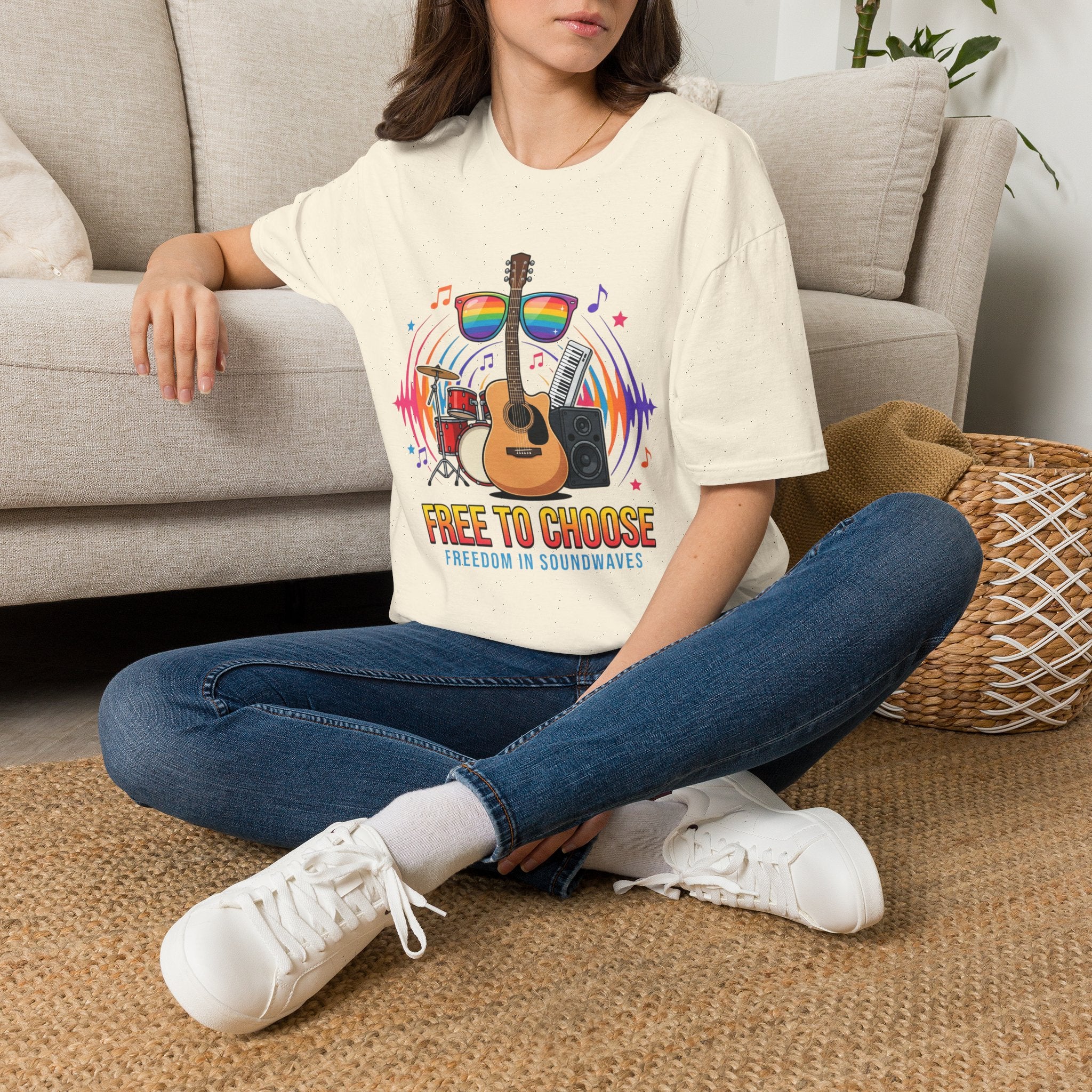 Music Pride T-Shirt — "Free to Choose" Rainbow Guitar Tee