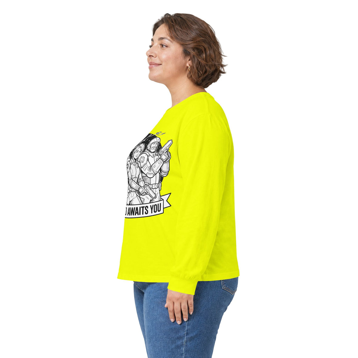 Long Sleeve Tee — "The World Awaits You" Retro Space Explorer Graphic