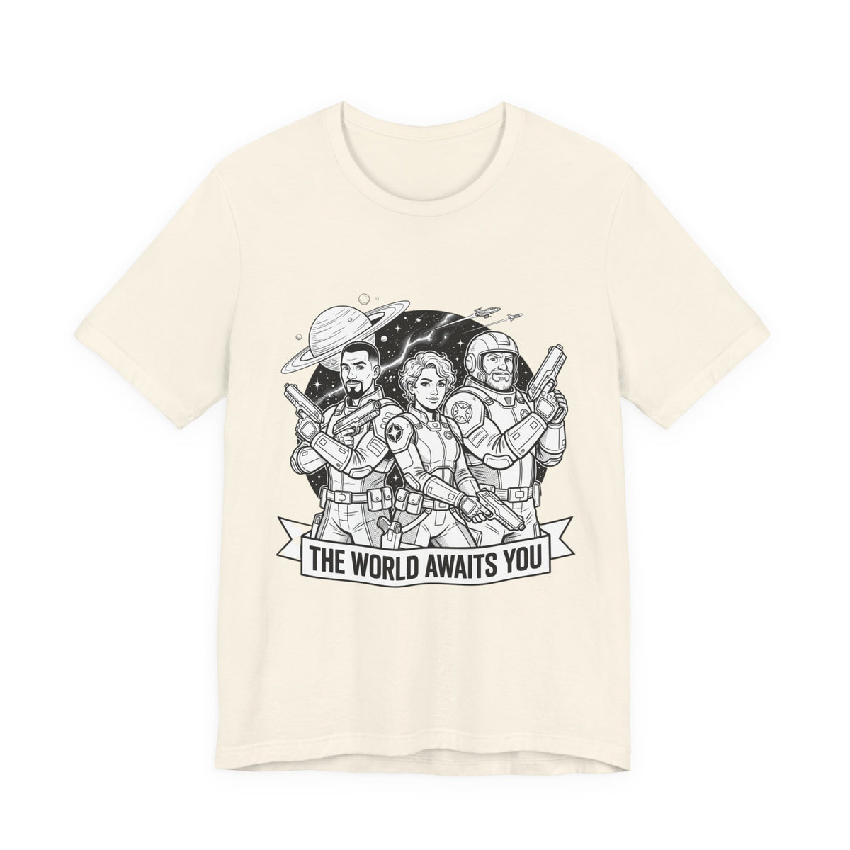 The World Awaits You Tee — Retro Space Crew Graphic T‑Shirt