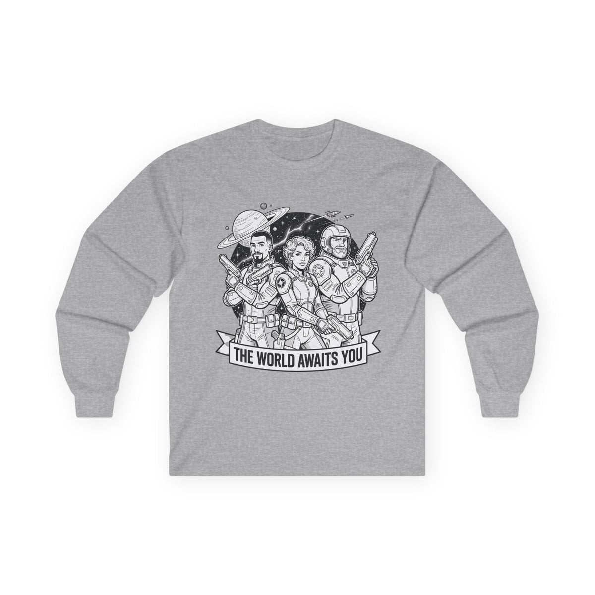 Long Sleeve Tee — "The World Awaits You" Retro Space Explorer Graphic