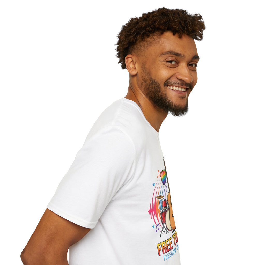 Music Pride T-Shirt — "Free to Choose" Rainbow Guitar Tee