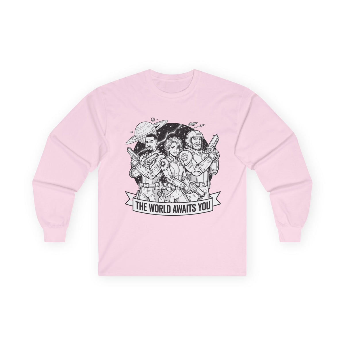 Long Sleeve Tee — "The World Awaits You" Retro Space Explorer Graphic