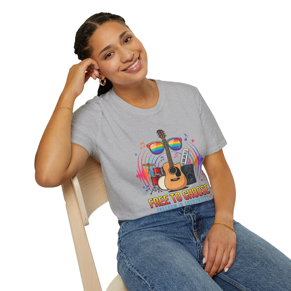 Music Pride T-Shirt — "Free to Choose" Rainbow Guitar Tee