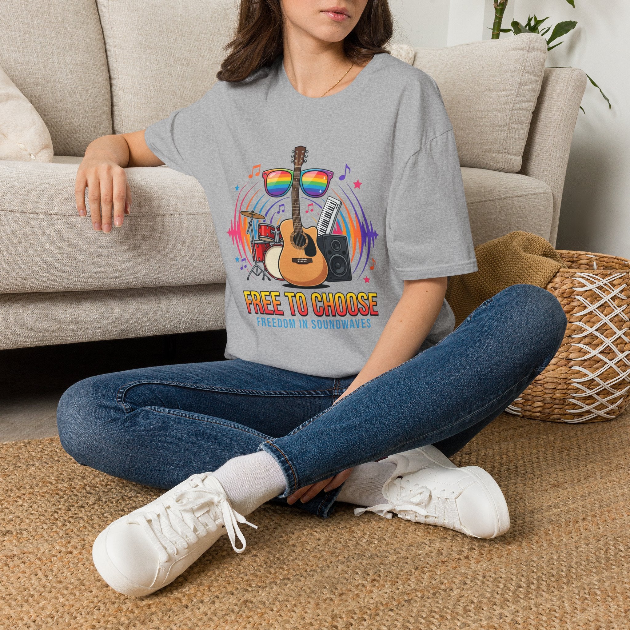 Music Pride T-Shirt — "Free to Choose" Rainbow Guitar Tee