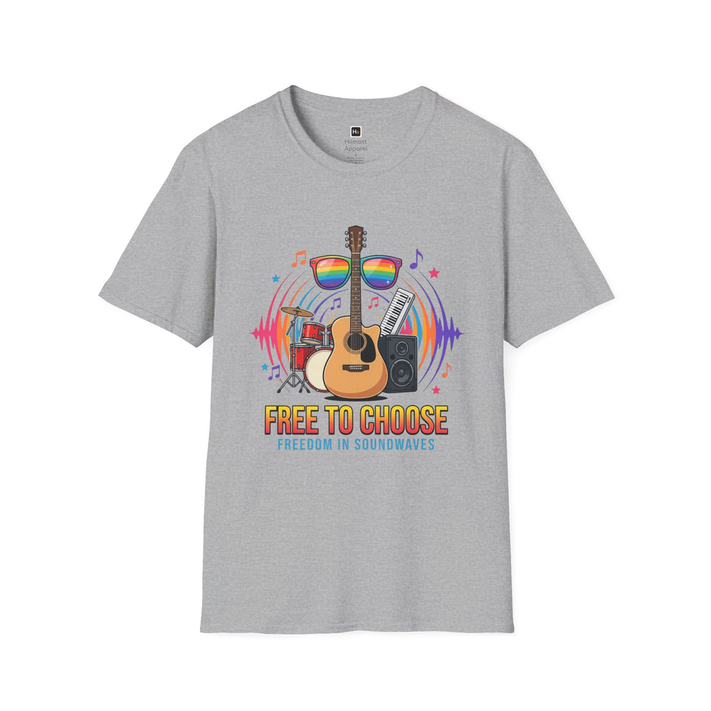 Music Pride T-Shirt — "Free to Choose" Rainbow Guitar Tee