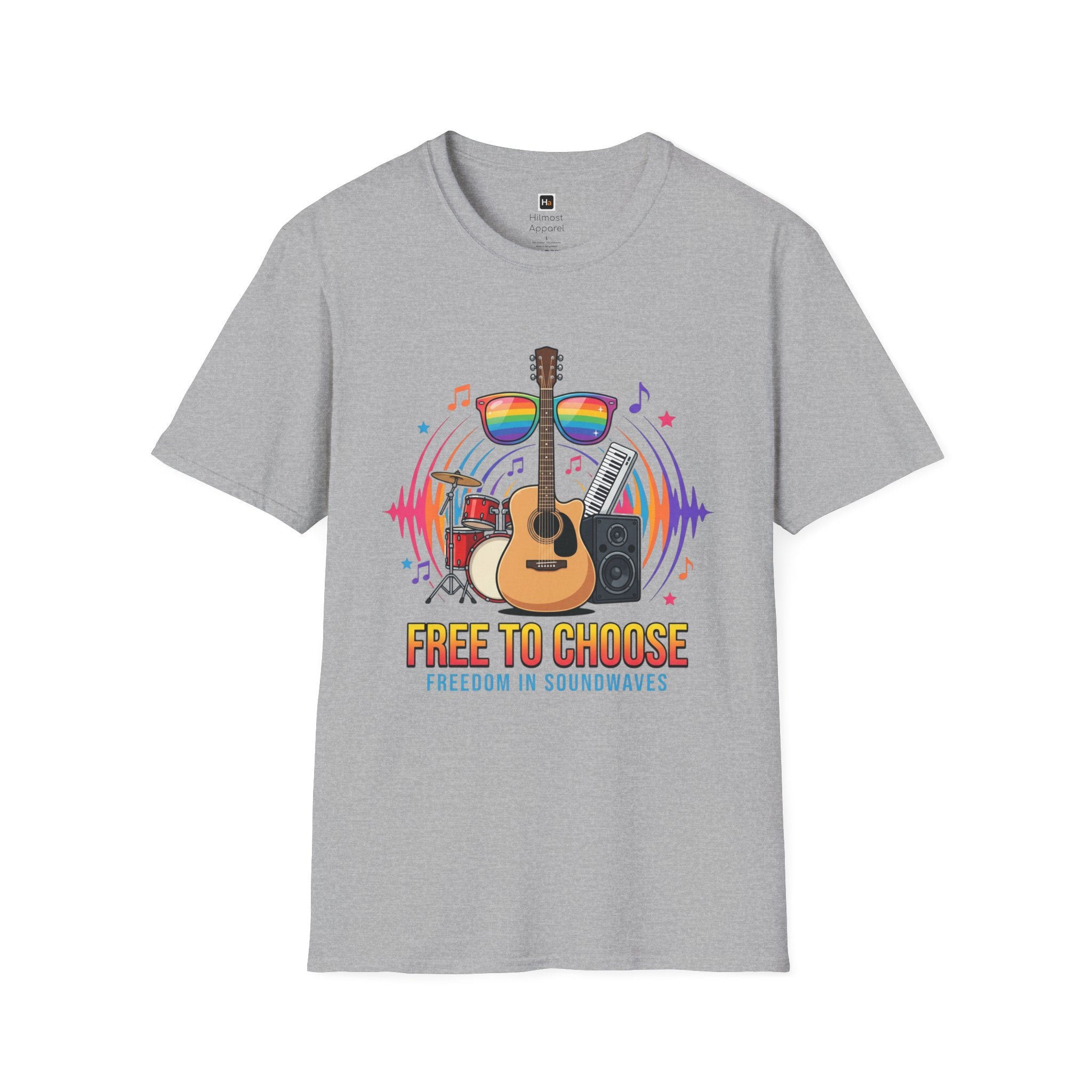 Music Pride T-Shirt — "Free to Choose" Rainbow Guitar Tee