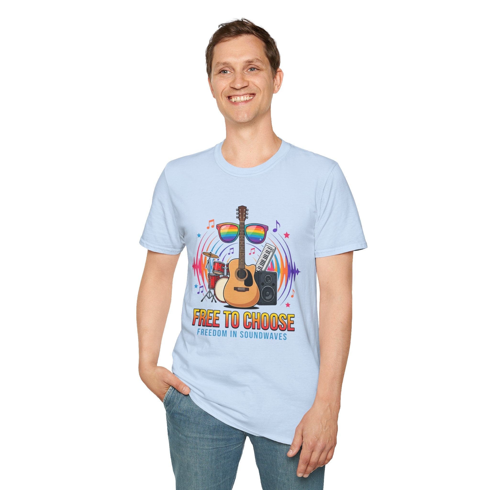 Music Pride T-Shirt — "Free to Choose" Rainbow Guitar Tee