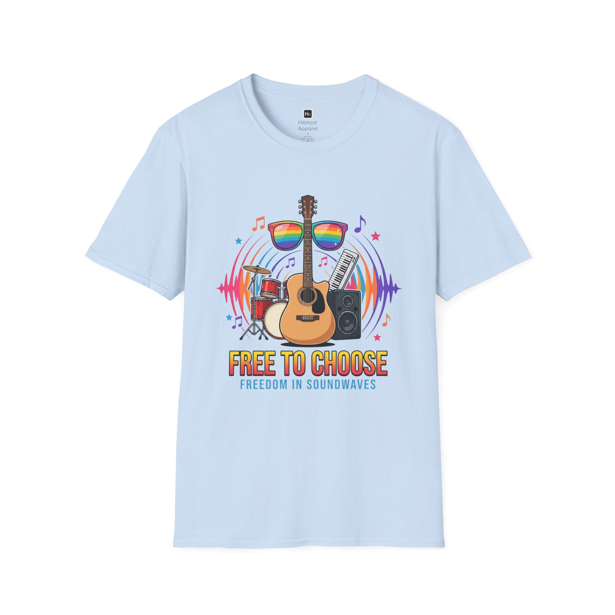 Music Pride T-Shirt — "Free to Choose" Rainbow Guitar Tee