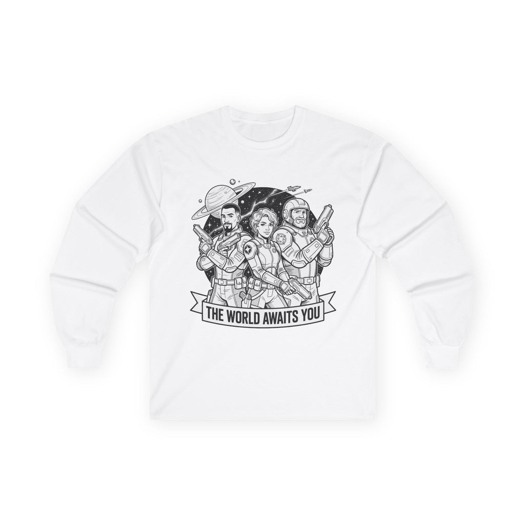 Long Sleeve Tee — "The World Awaits You" Retro Space Explorer Graphic