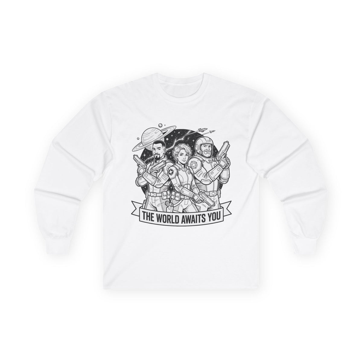 Long Sleeve Tee — "The World Awaits You" Retro Space Explorer Graphic