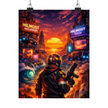 Cyber Sunset Poster — Retro Futuristic Soldier Matte Vertical Print