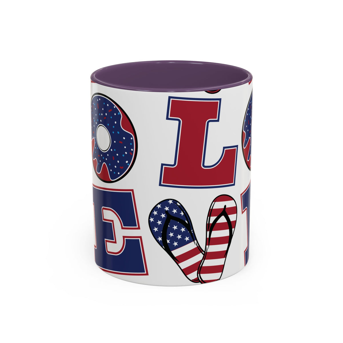 Patriotic Love Coffee Mug — Fourth of July USA Flag Donut & Flip-Flop Design