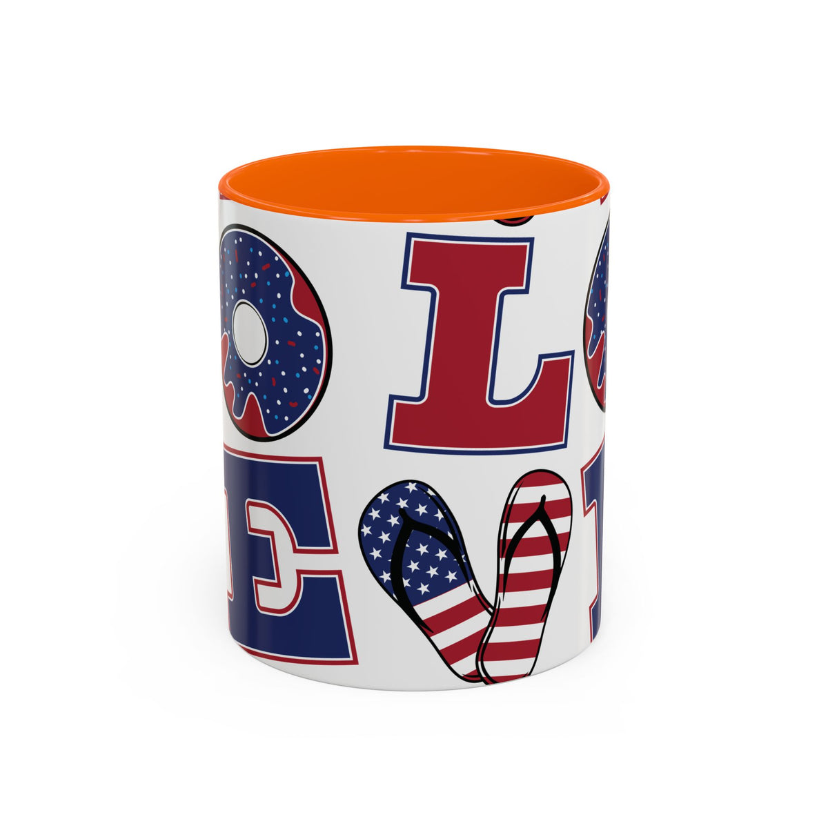 Patriotic Love Coffee Mug — Fourth of July USA Flag Donut & Flip-Flop Design
