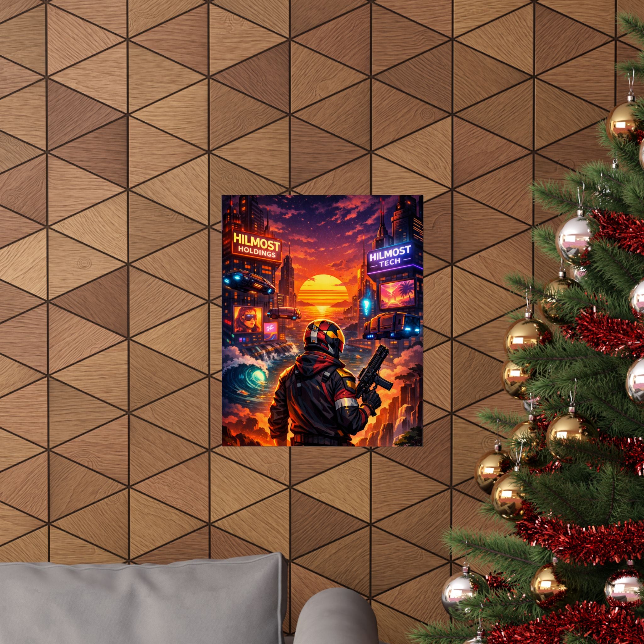 Cyber Sunset Poster — Retro Futuristic Soldier Matte Vertical Print