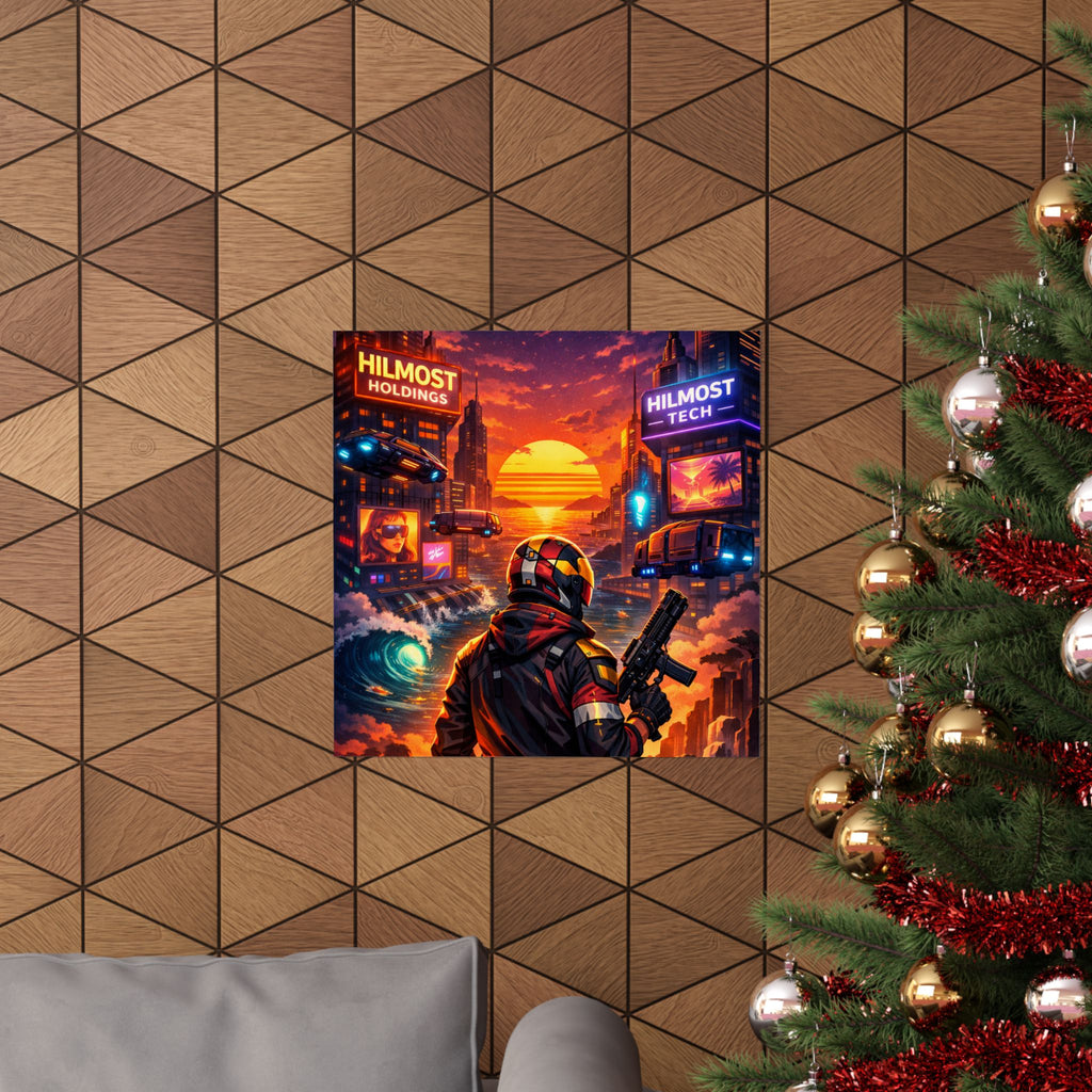 Cyber Sunset Poster — Retro Futuristic Soldier Matte Vertical Print