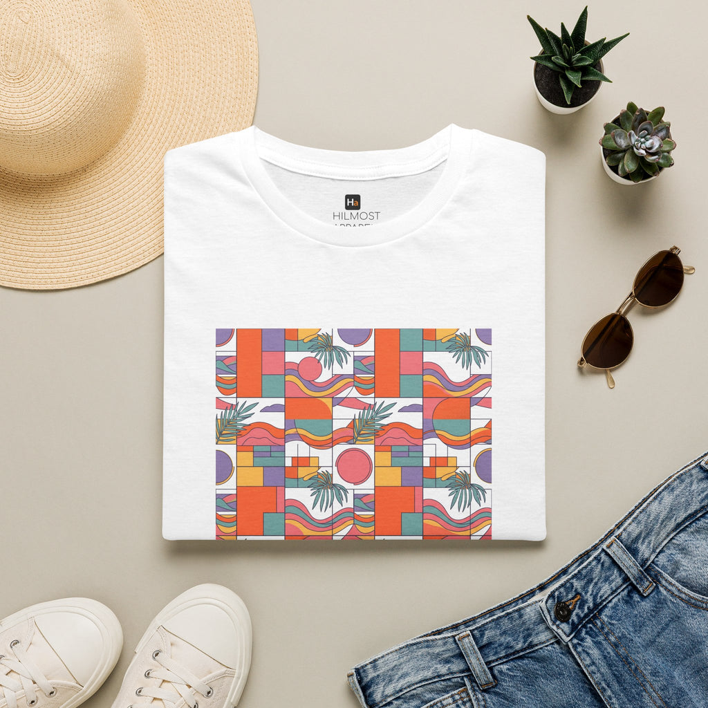 Retro Tropical Pattern T-Shirt — Colorful Geometric Beach Vibes