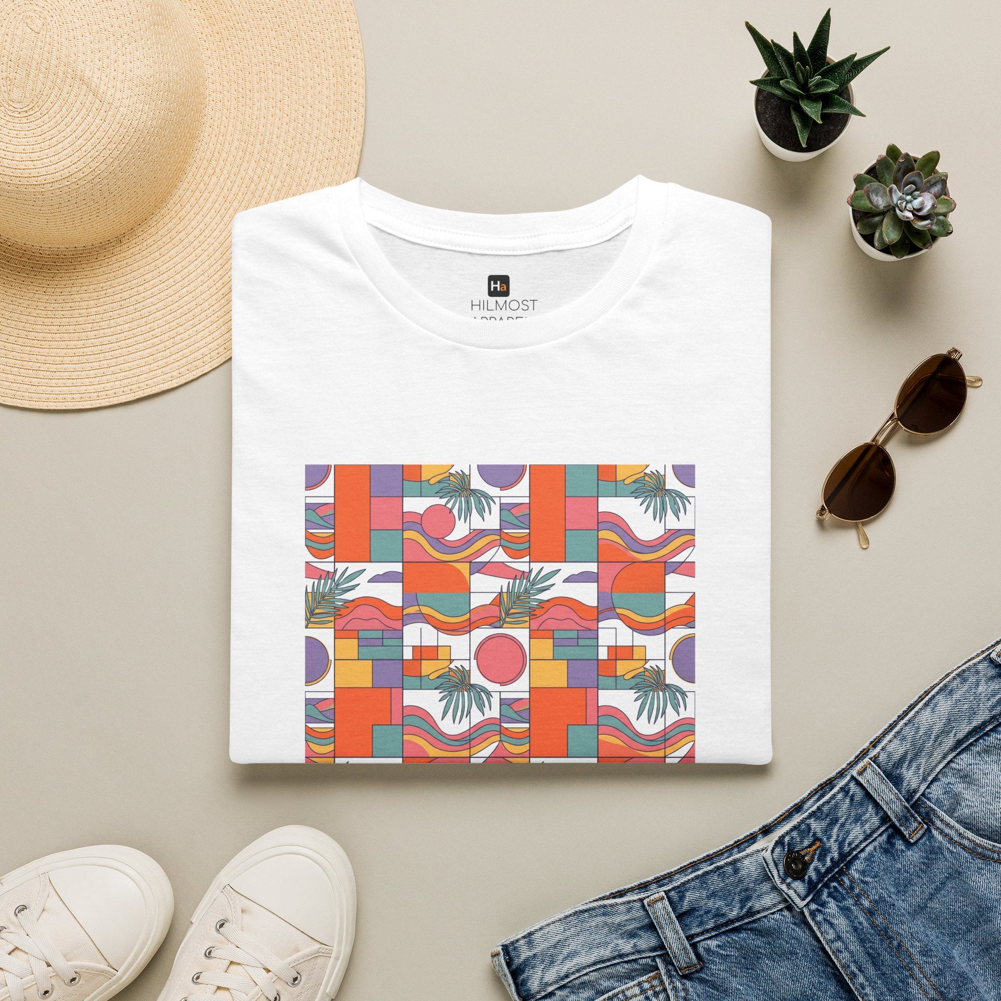 Retro Tropical Pattern T-Shirt — Colorful Geometric Beach Vibes