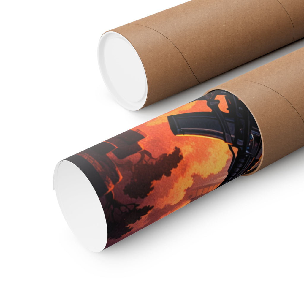 Cyber Sunset Poster — Retro Futuristic Soldier Matte Vertical Print
