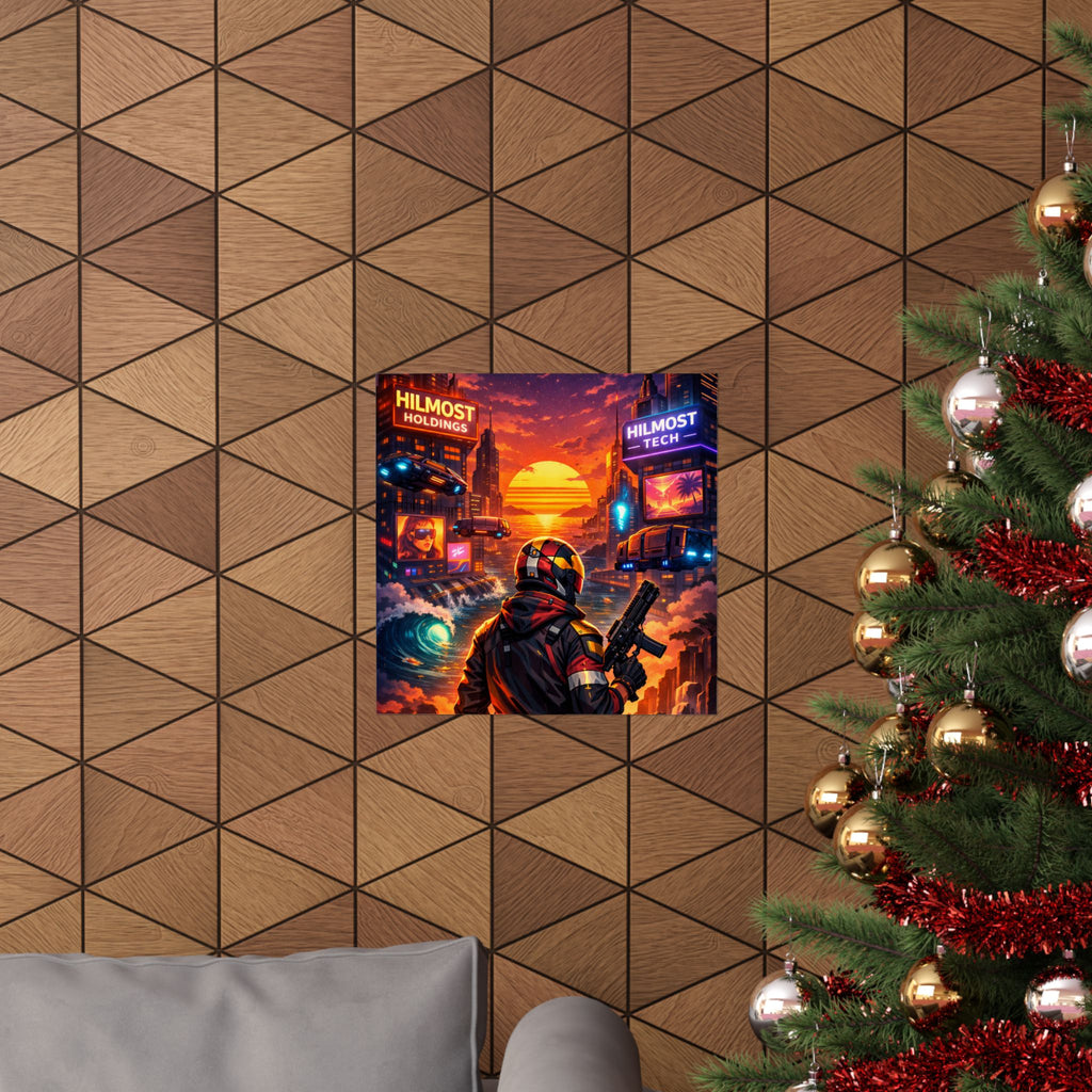 Cyber Sunset Poster — Retro Futuristic Soldier Matte Vertical Print