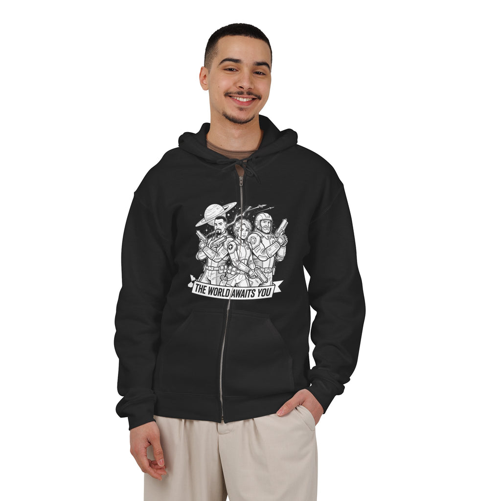 Zip Hoodie — 'The World Awaits You' Adventure Graphic
