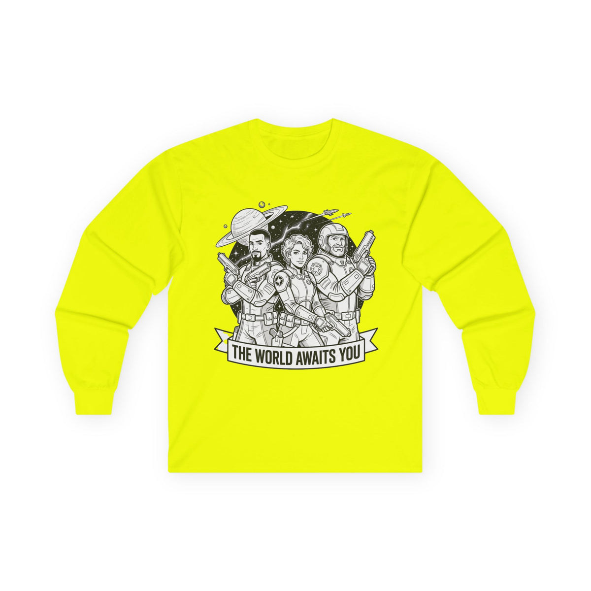 Long Sleeve Tee — "The World Awaits You" Retro Space Explorer Graphic