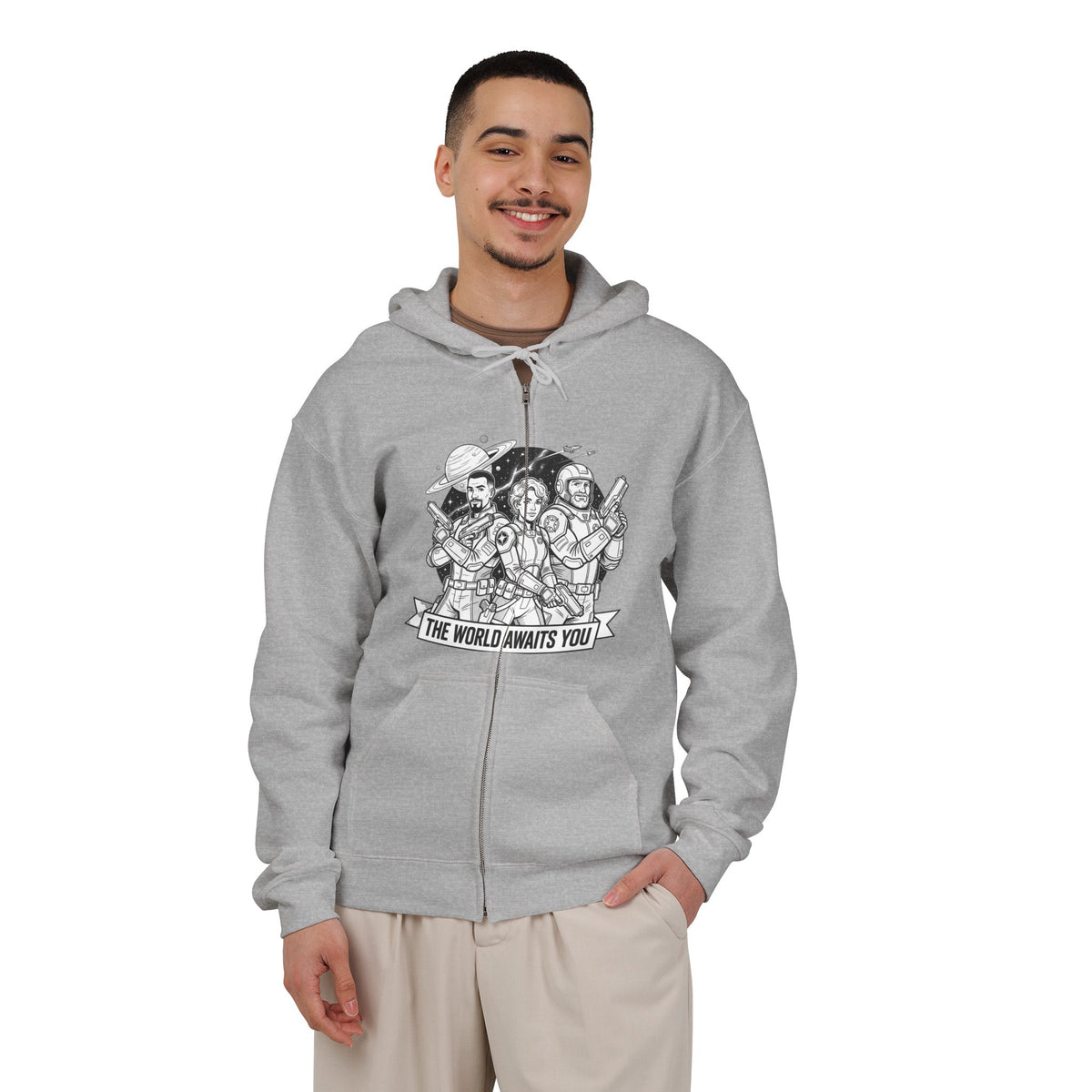 Zip Hoodie — 'The World Awaits You' Adventure Graphic
