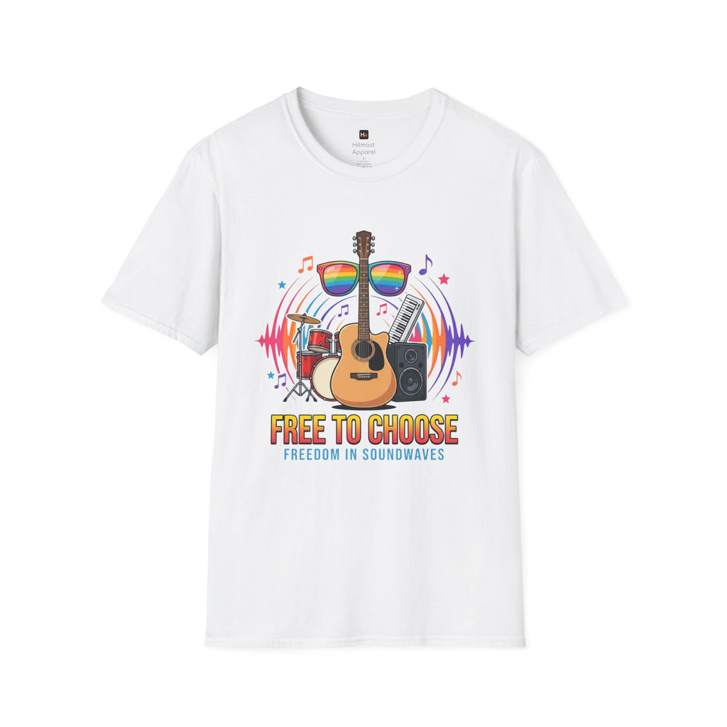 Music Pride T-Shirt — "Free to Choose" Rainbow Guitar Tee