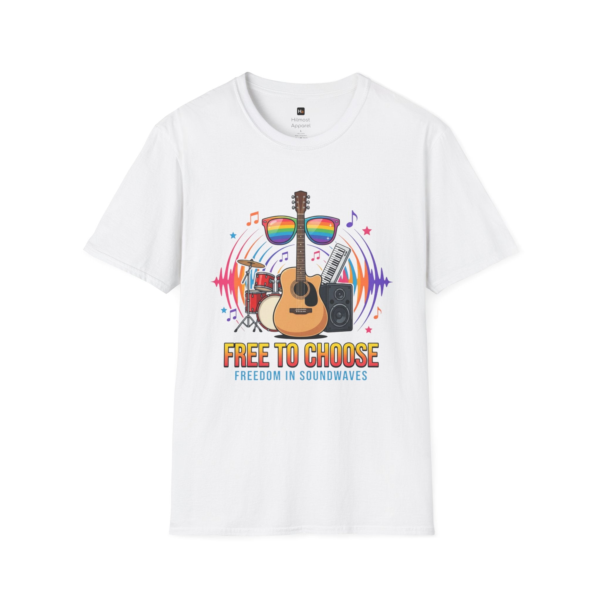 Music Pride T-Shirt — "Free to Choose" Rainbow Guitar Tee