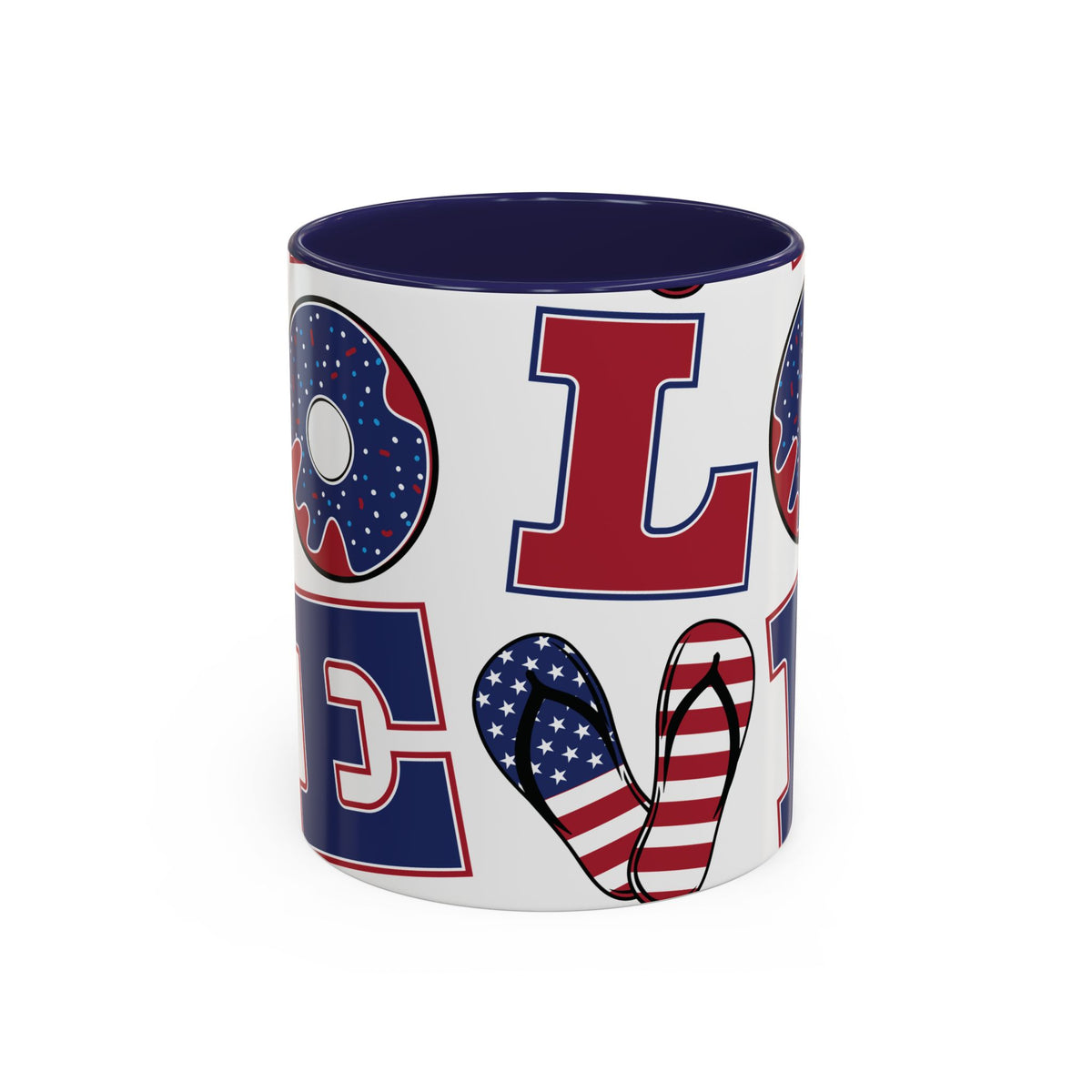 Patriotic Love Coffee Mug — Fourth of July USA Flag Donut & Flip-Flop Design