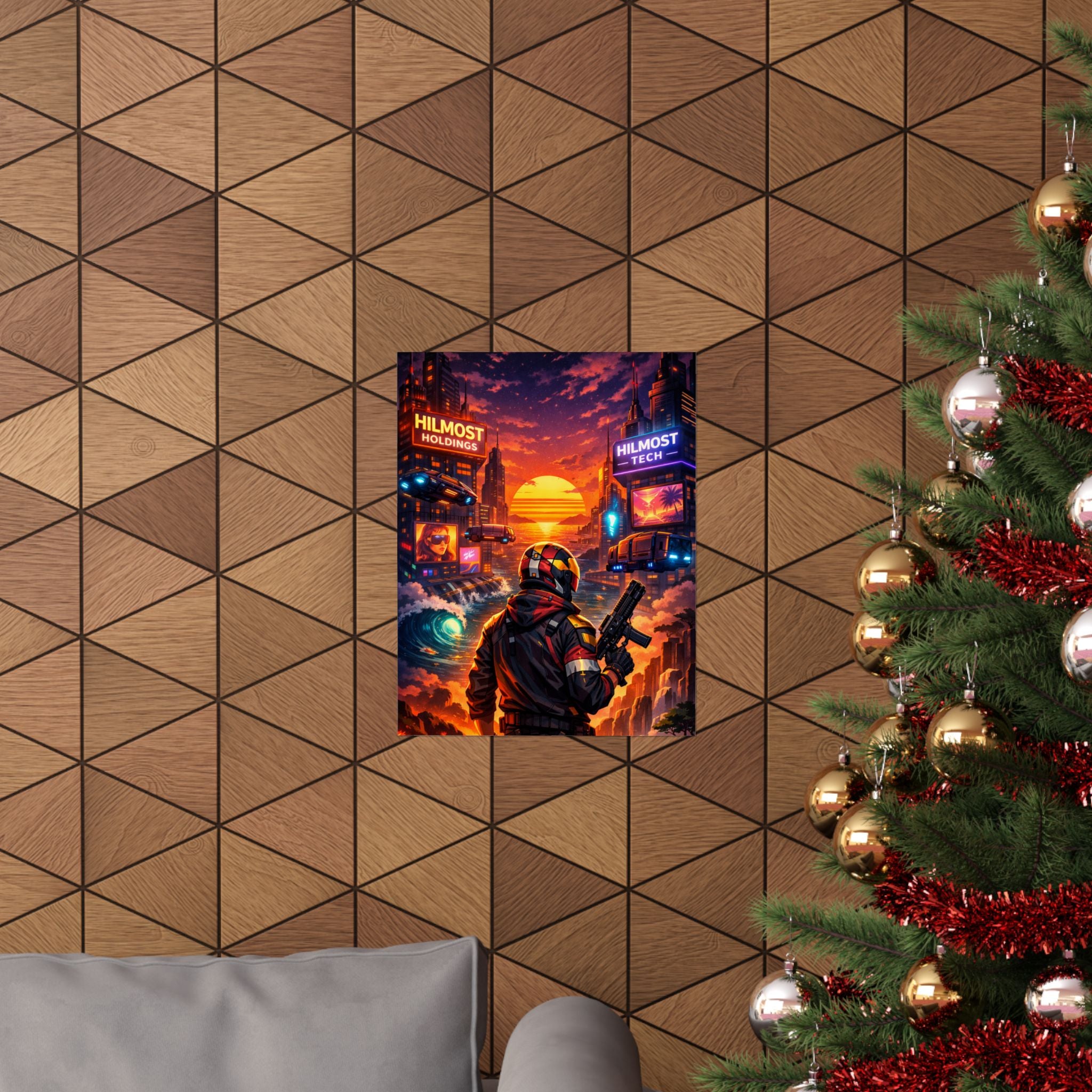 Cyber Sunset Poster — Retro Futuristic Soldier Matte Vertical Print