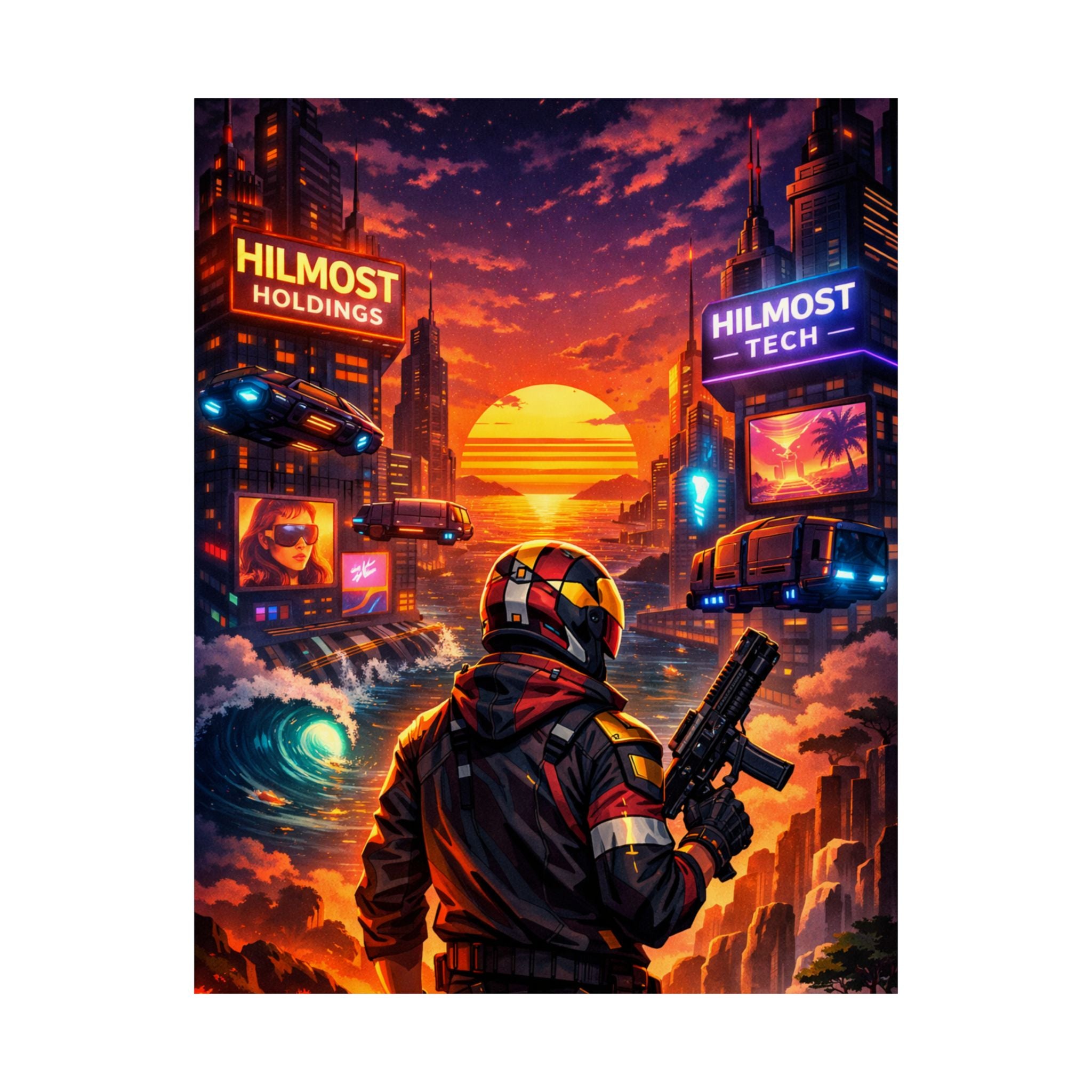 Cyber Sunset Poster — Retro Futuristic Soldier Matte Vertical Print