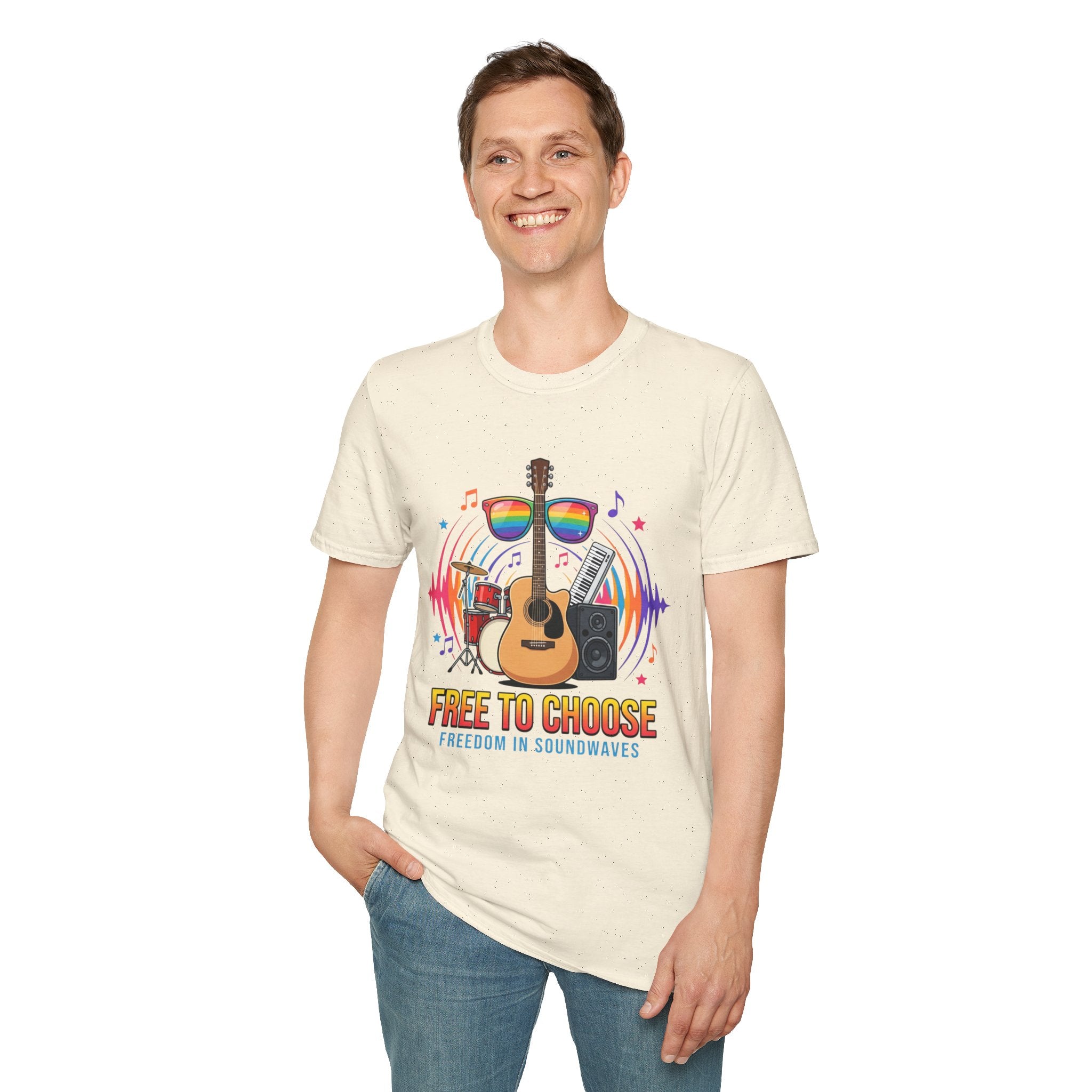 Music Pride T-Shirt — "Free to Choose" Rainbow Guitar Tee