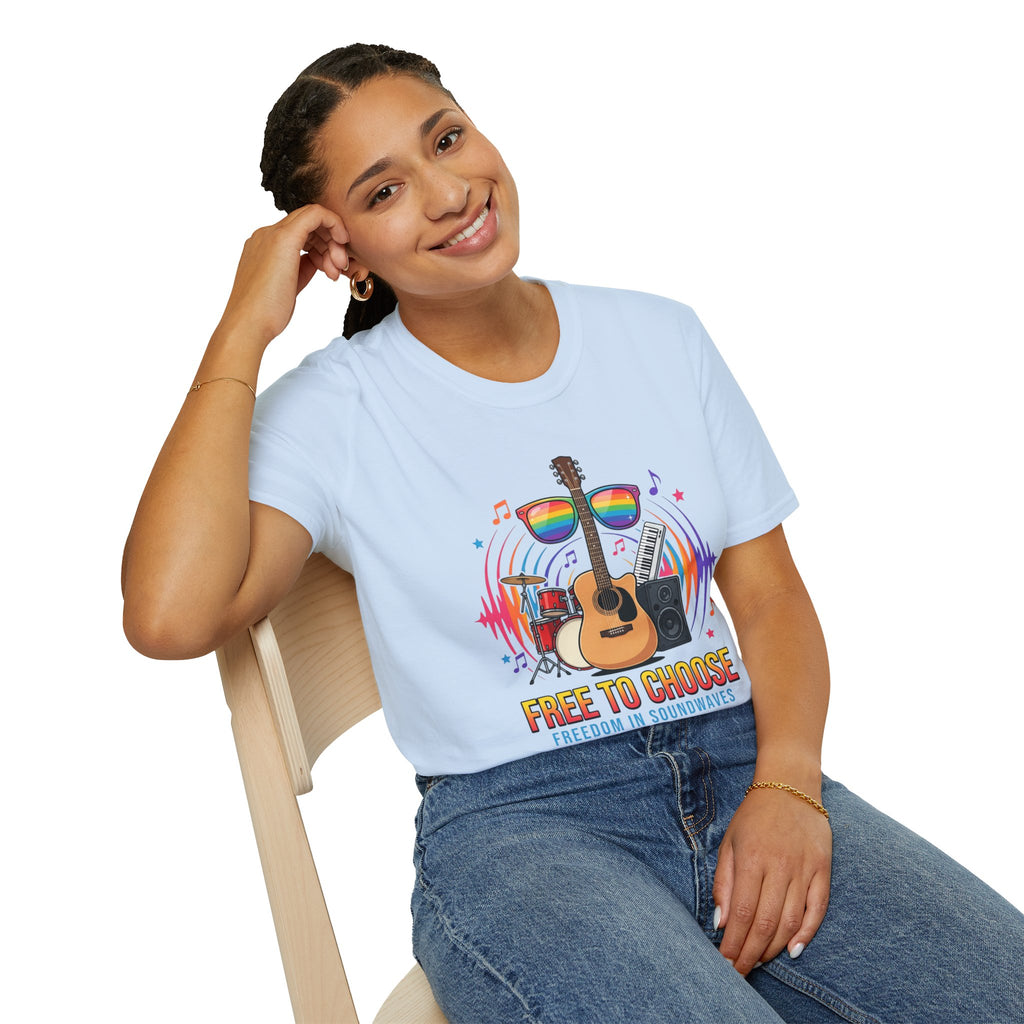 Music Pride T-Shirt — "Free to Choose" Rainbow Guitar Tee
