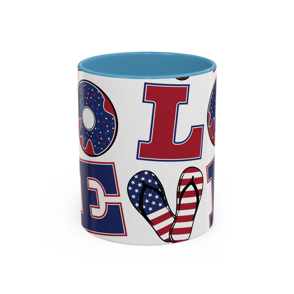 Patriotic Love Coffee Mug — Fourth of July USA Flag Donut & Flip-Flop Design