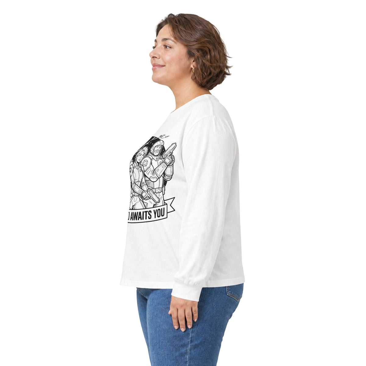 Long Sleeve Tee — "The World Awaits You" Retro Space Explorer Graphic
