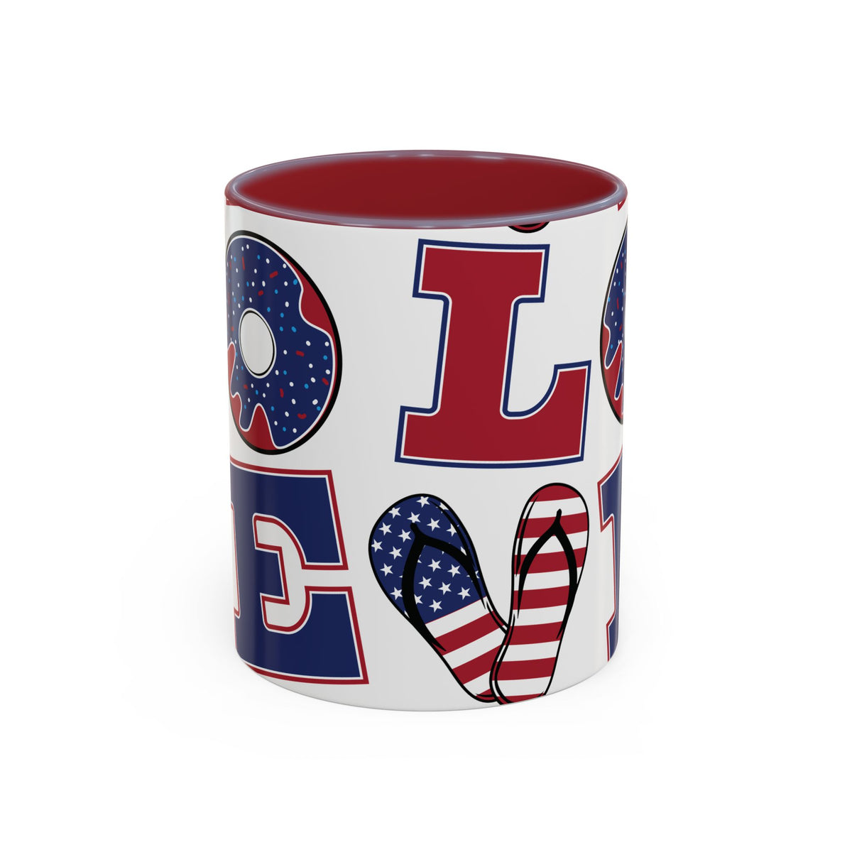 Patriotic Love Coffee Mug — Fourth of July USA Flag Donut & Flip-Flop Design