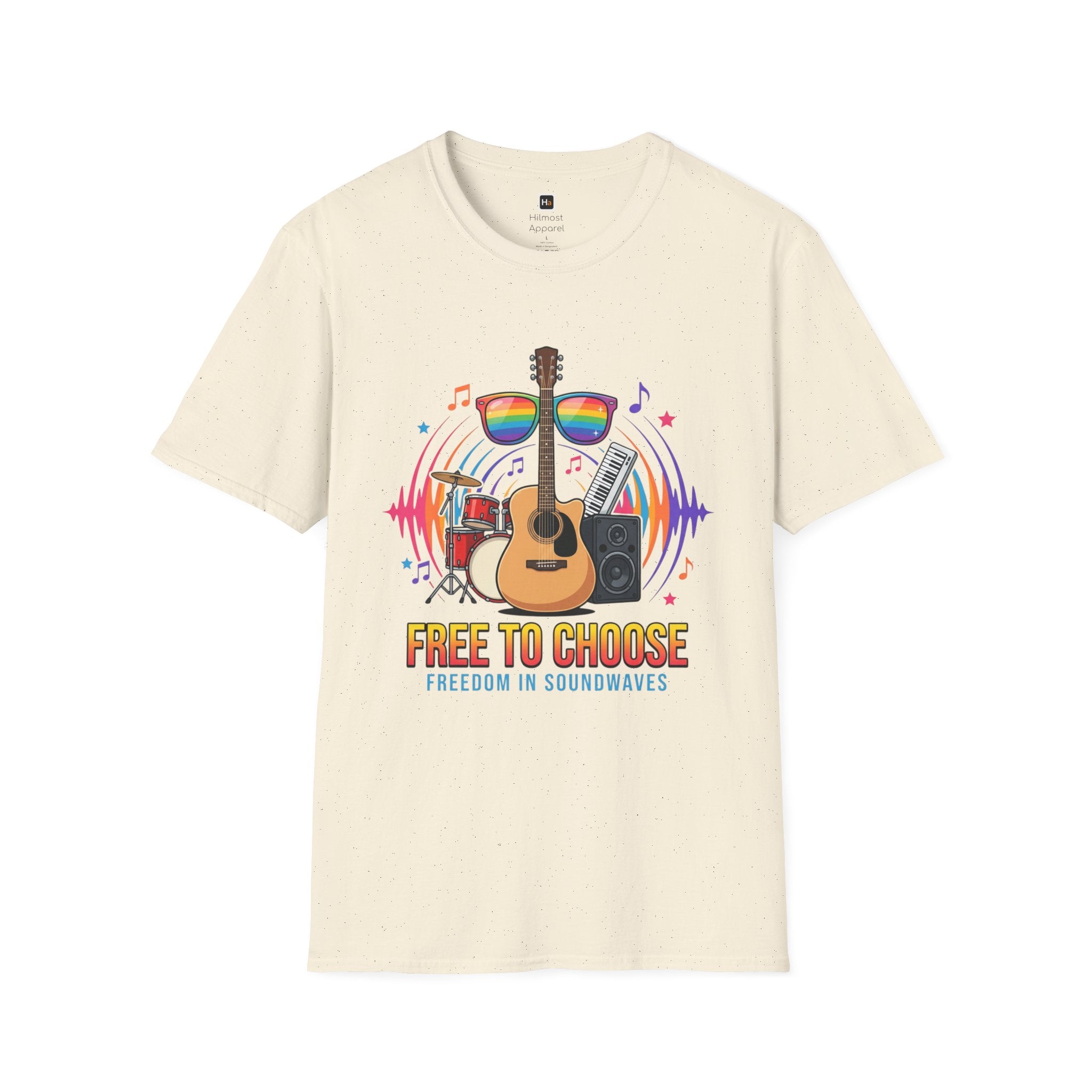 Music Pride T-Shirt — "Free to Choose" Rainbow Guitar Tee