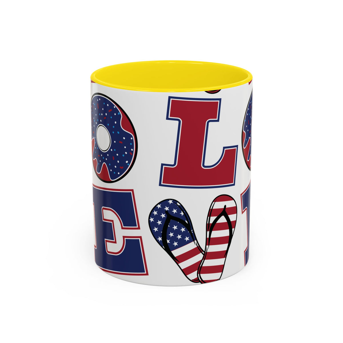 Patriotic Love Coffee Mug — Fourth of July USA Flag Donut & Flip-Flop Design