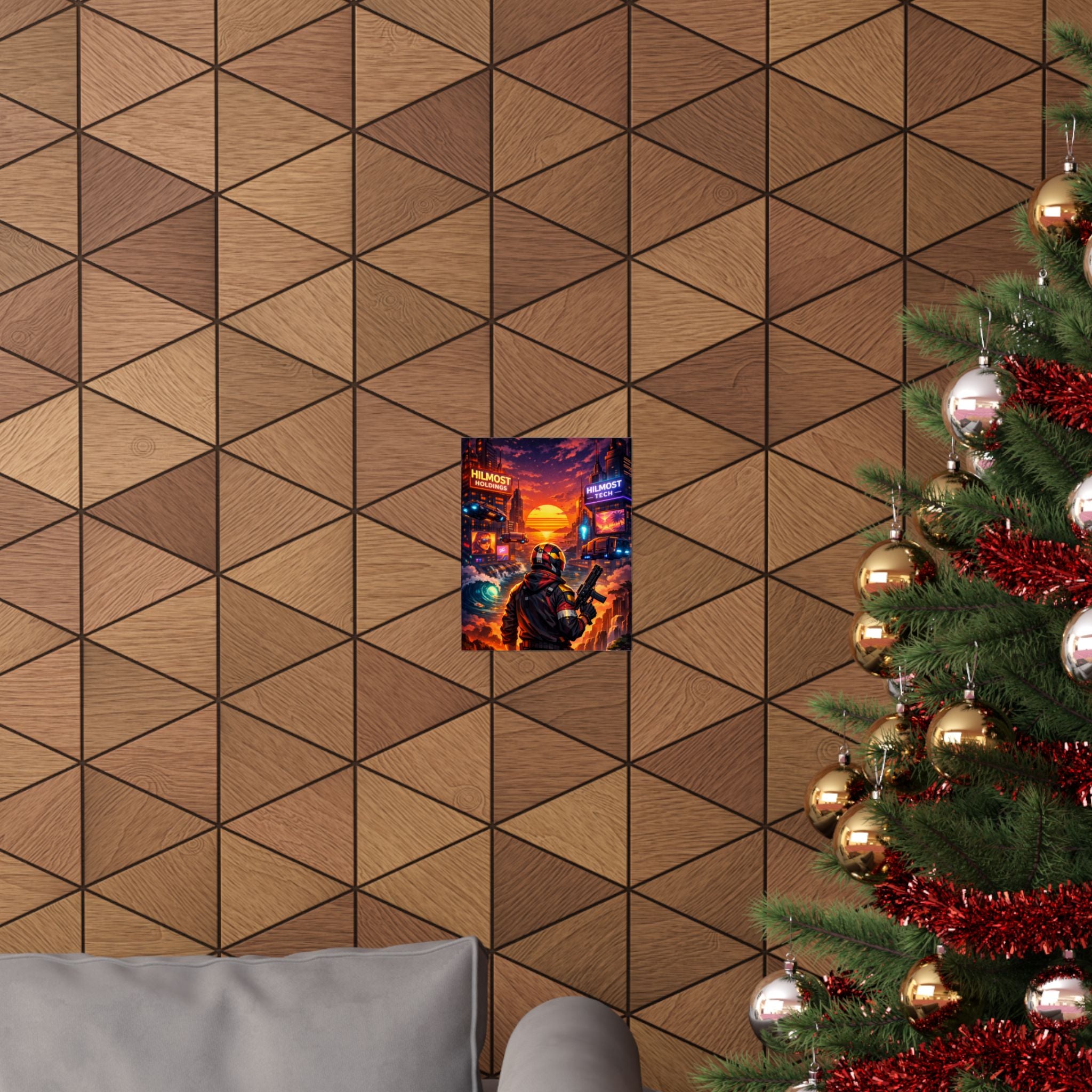 Cyber Sunset Poster — Retro Futuristic Soldier Matte Vertical Print