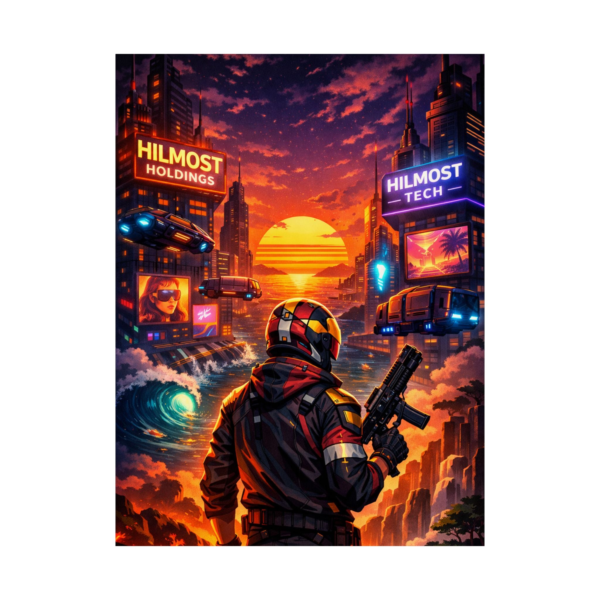 Cyber Sunset Poster — Retro Futuristic Soldier Matte Vertical Print