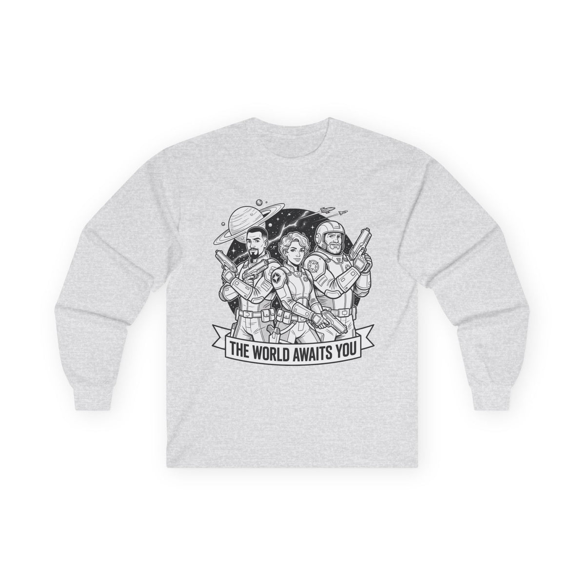 Long Sleeve Tee — "The World Awaits You" Retro Space Explorer Graphic