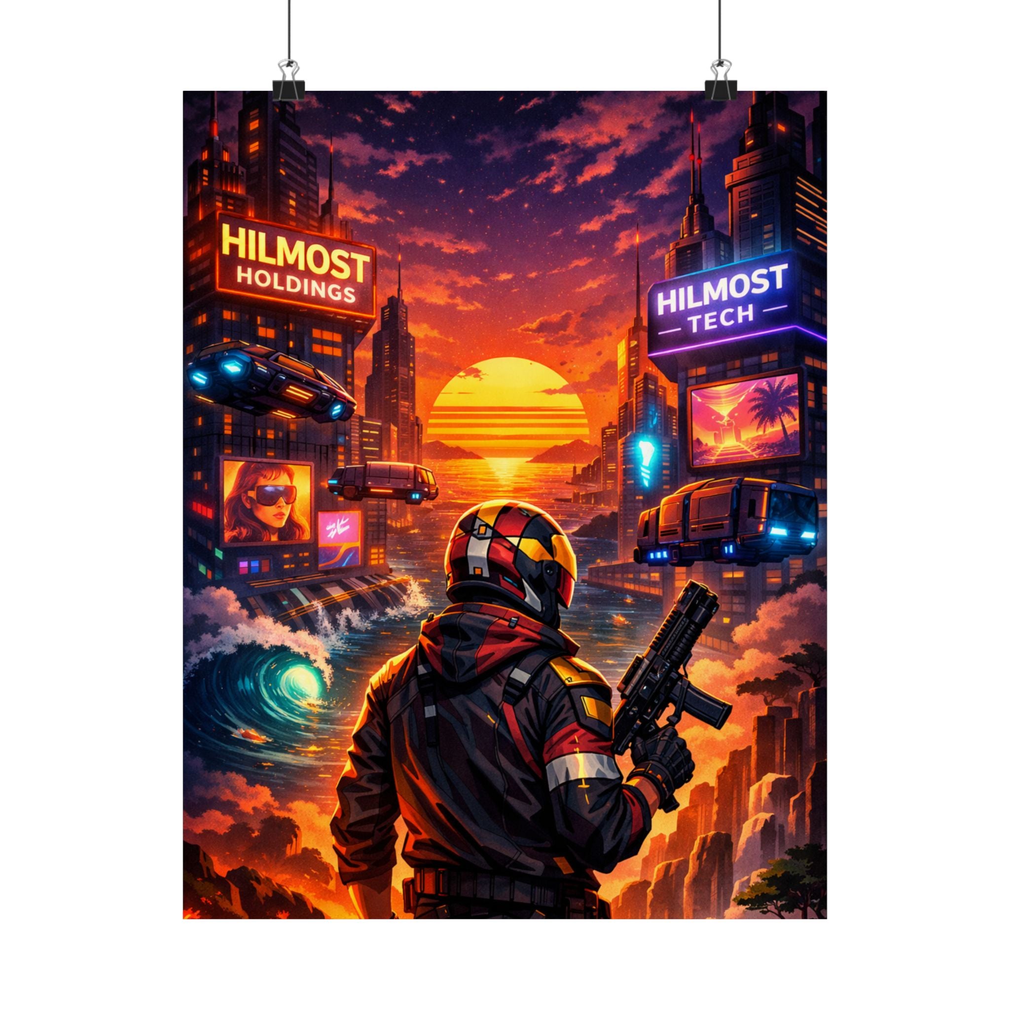 Cyber Sunset Poster — Retro Futuristic Soldier Matte Vertical Print