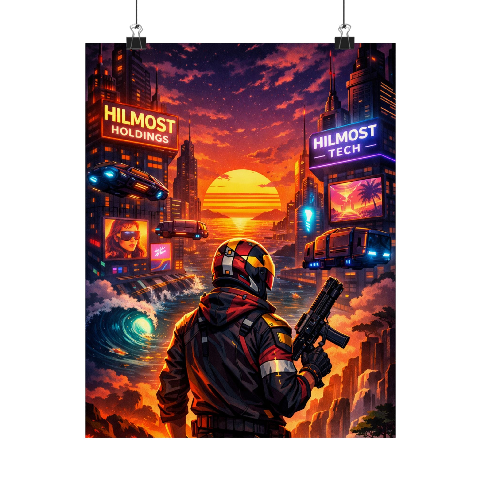 Cyber Sunset Poster — Retro Futuristic Soldier Matte Vertical Print