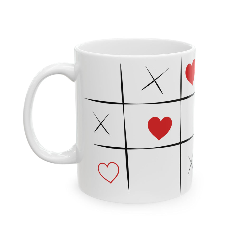 Heart Tic-Tac-Toe Ceramic Mug – Romantic XOXO Coffee Cup (11oz & 15oz)