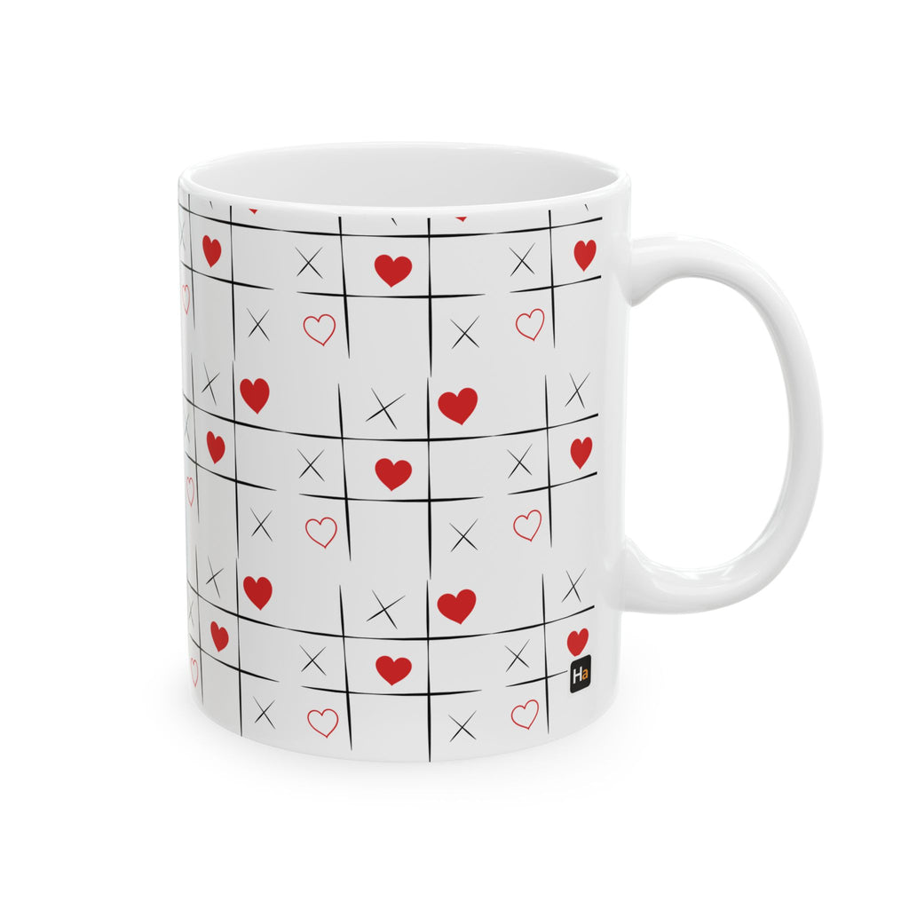 Tic-Tac-Toe Heart Ceramic Mug — Cute Valentine’s Day Love Game Coffee Cup (11oz/15oz)
