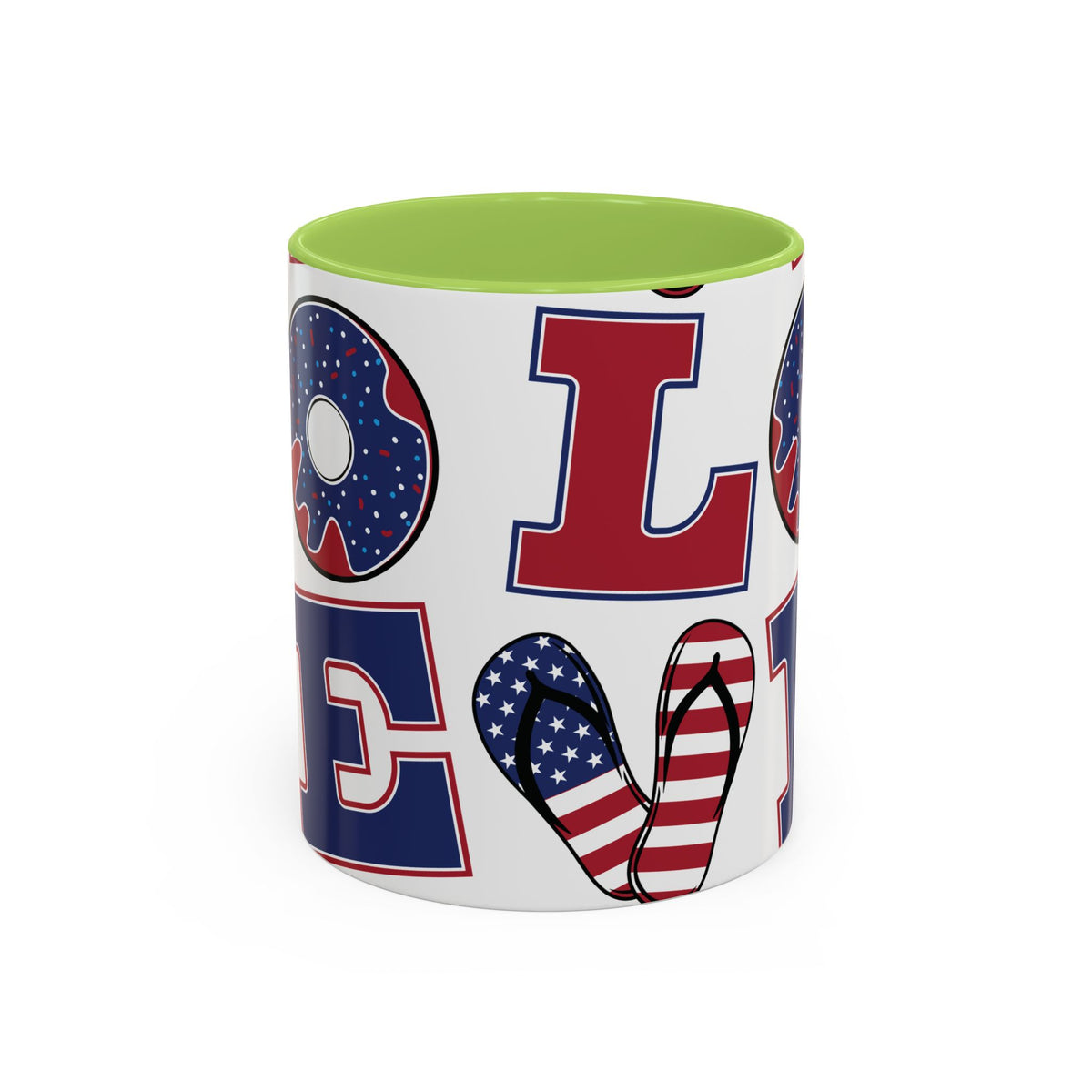 Patriotic Love Coffee Mug — Fourth of July USA Flag Donut & Flip-Flop Design